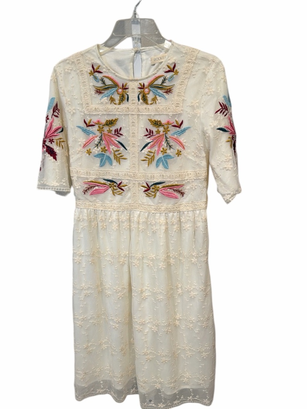 Roolee Ivory Embroidered Floral Midi Dress Boho Lace Detail Sz M - Picture 2 of 7